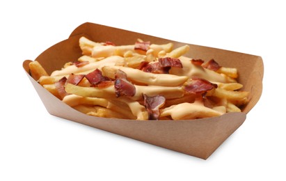 Tasty potato fries, cheese sauce and bacon in paper container isolated on white