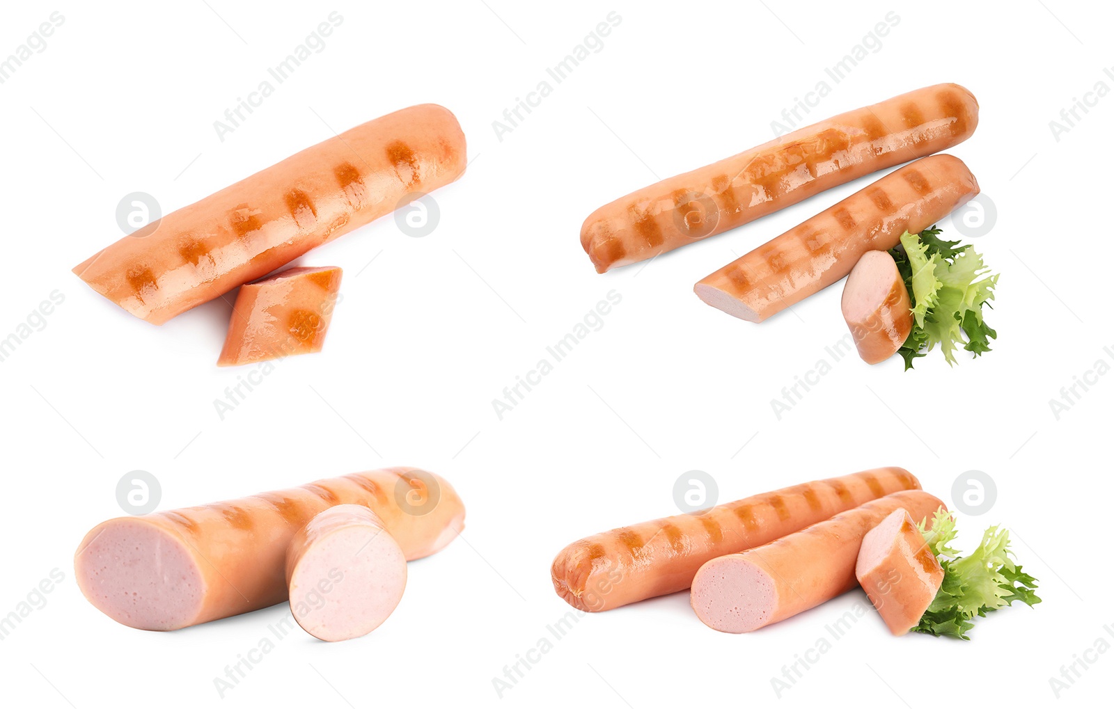 Image of Set of delicious grilled sausages on white background