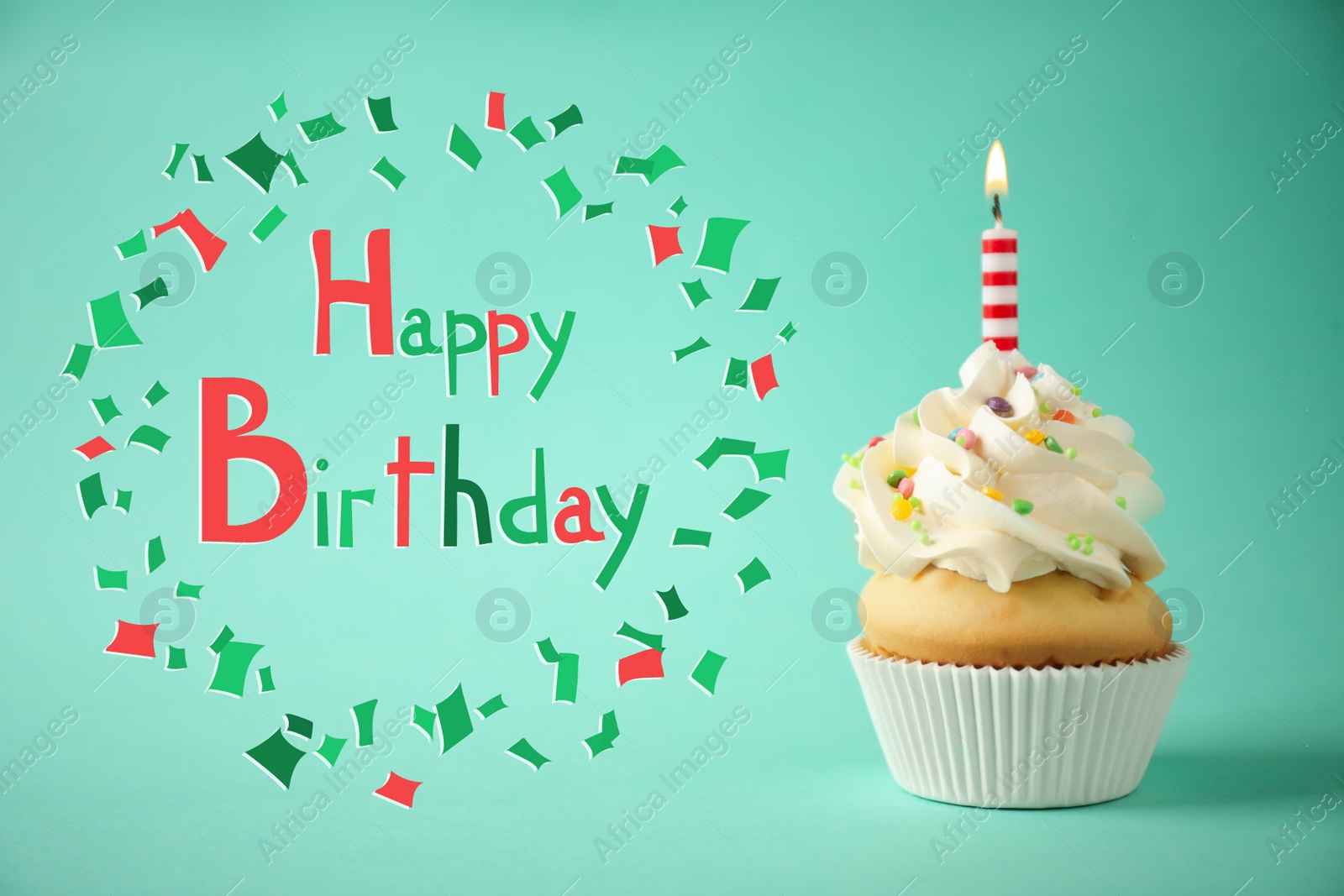 Image of Text Happy Birthday and delicious cupcake with candle on light green background