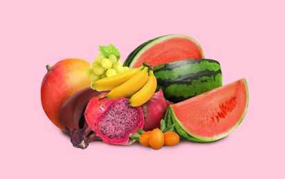 Image of Many different fresh fruits on pink background