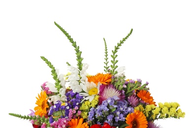 Photo of Bunch of beautiful wild flowers on white background