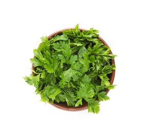 Photo of Bowl with fresh green parsley on white background, top view