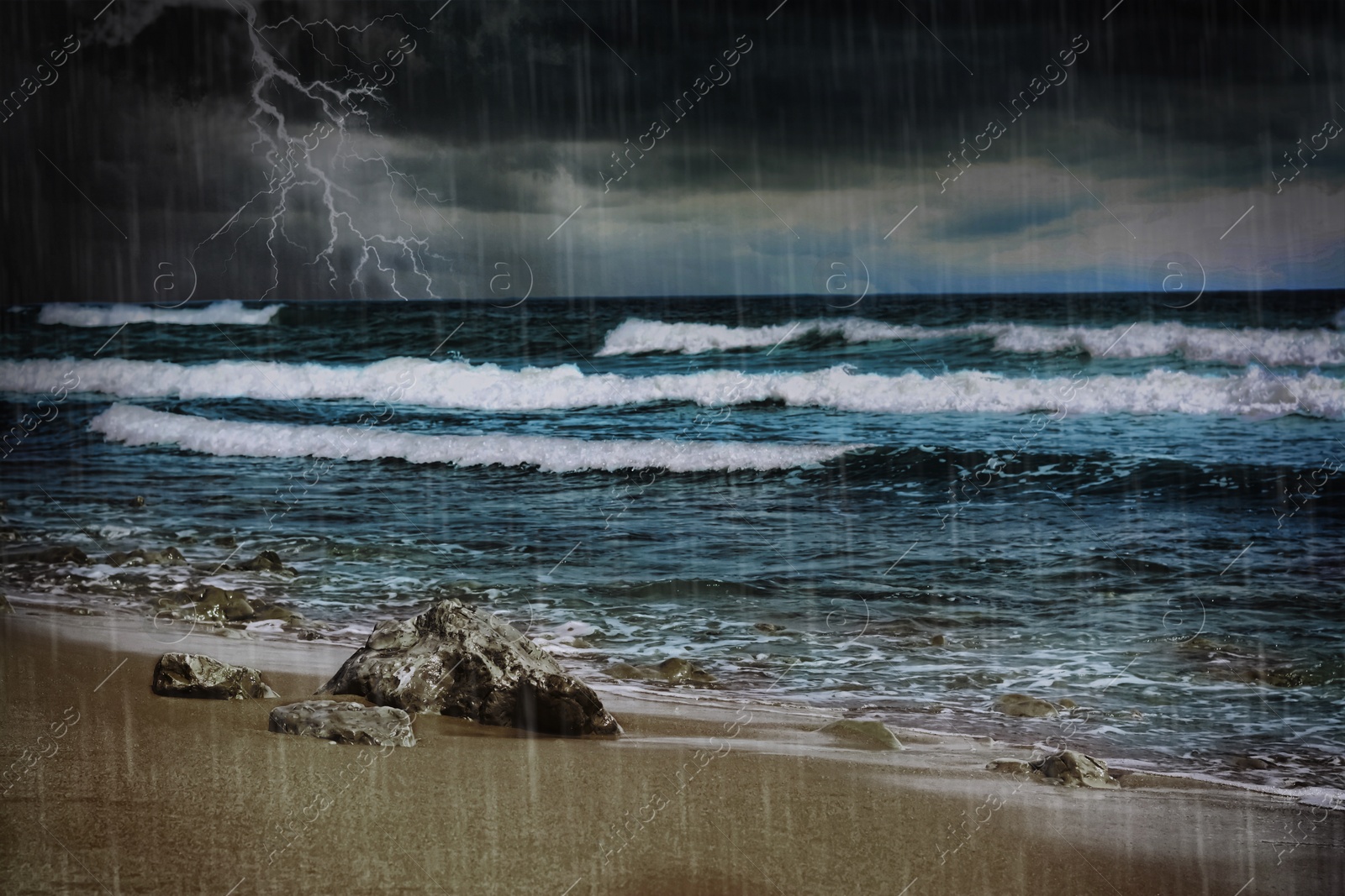 Image of Dark cloudy sky with lightnings and rain over beach and sea. Thunderstorm