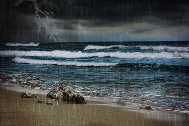 Dark cloudy sky with lightnings and rain over beach and sea. Thunderstorm