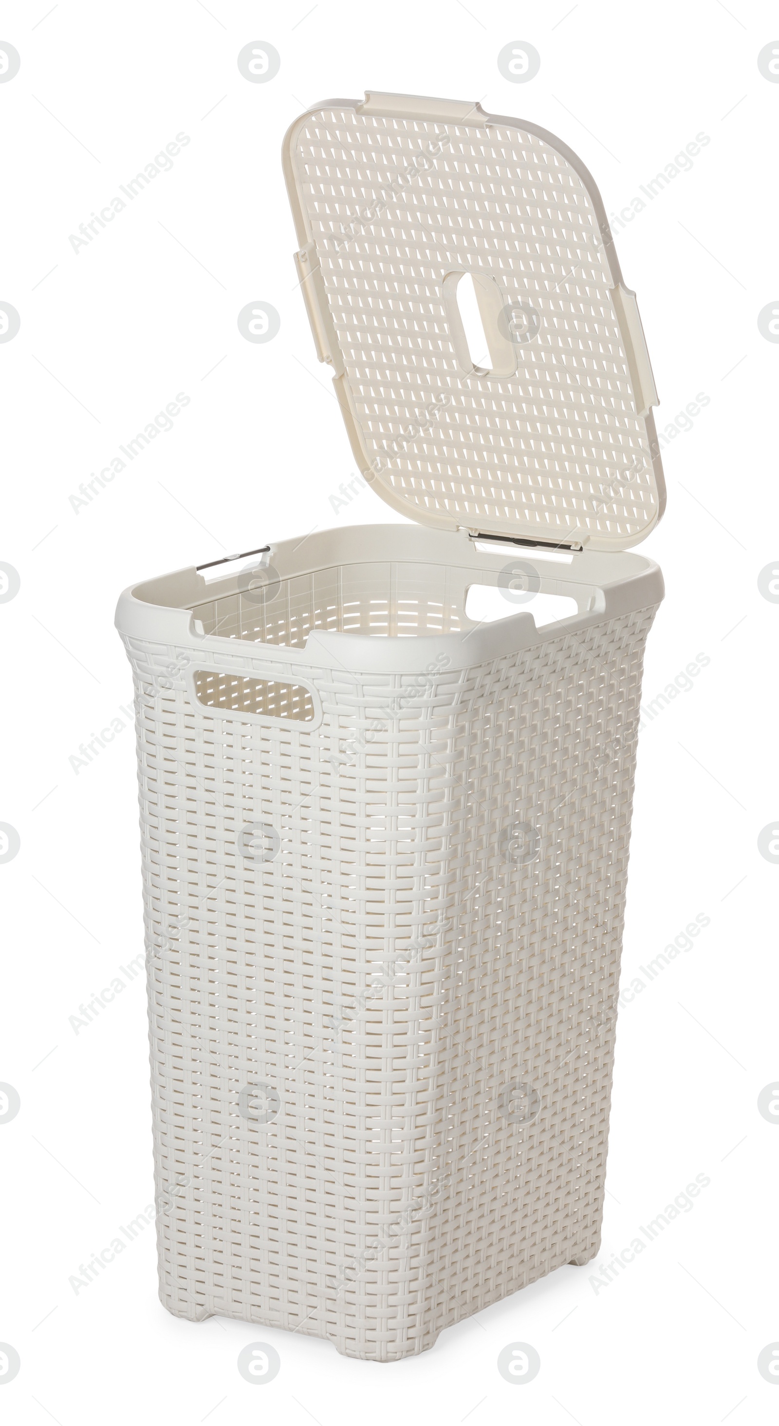 Photo of One open empty laundry basket isolated on white