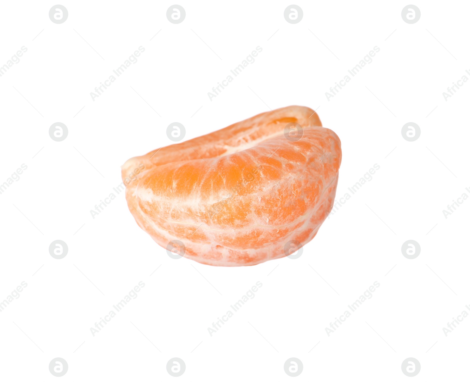 Photo of Half of peeled fresh ripe tangerine isolated on white