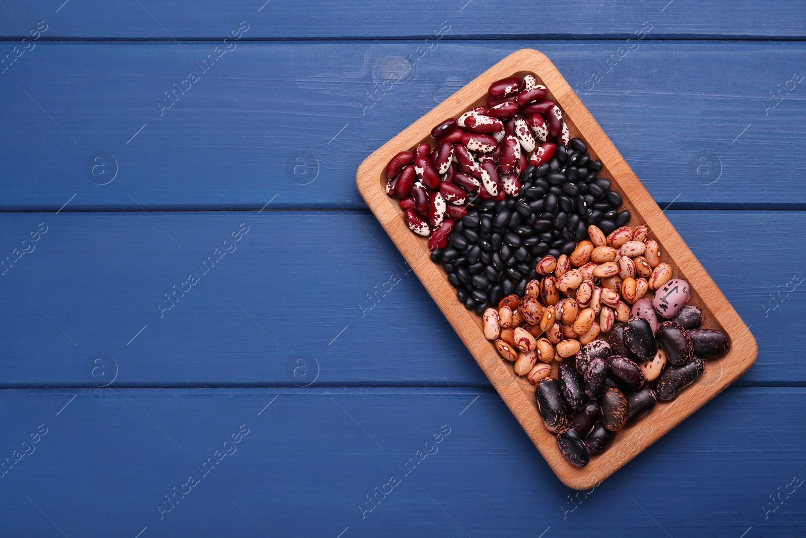 Photo of Plate with different kinds of dry kidney beans on blue wooden table, top view. Space for text