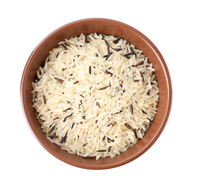 Photo of Mix of brown and polished rice in wooden bowl isolated on white, top view