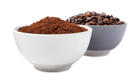 Bowls with ground coffee and roasted beans on white background