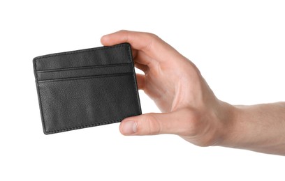 Photo of Man holding leather business card holder on white background, closeup