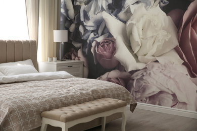 Photo of Beautiful floral photoart work used as wallpaper in bedroom interior