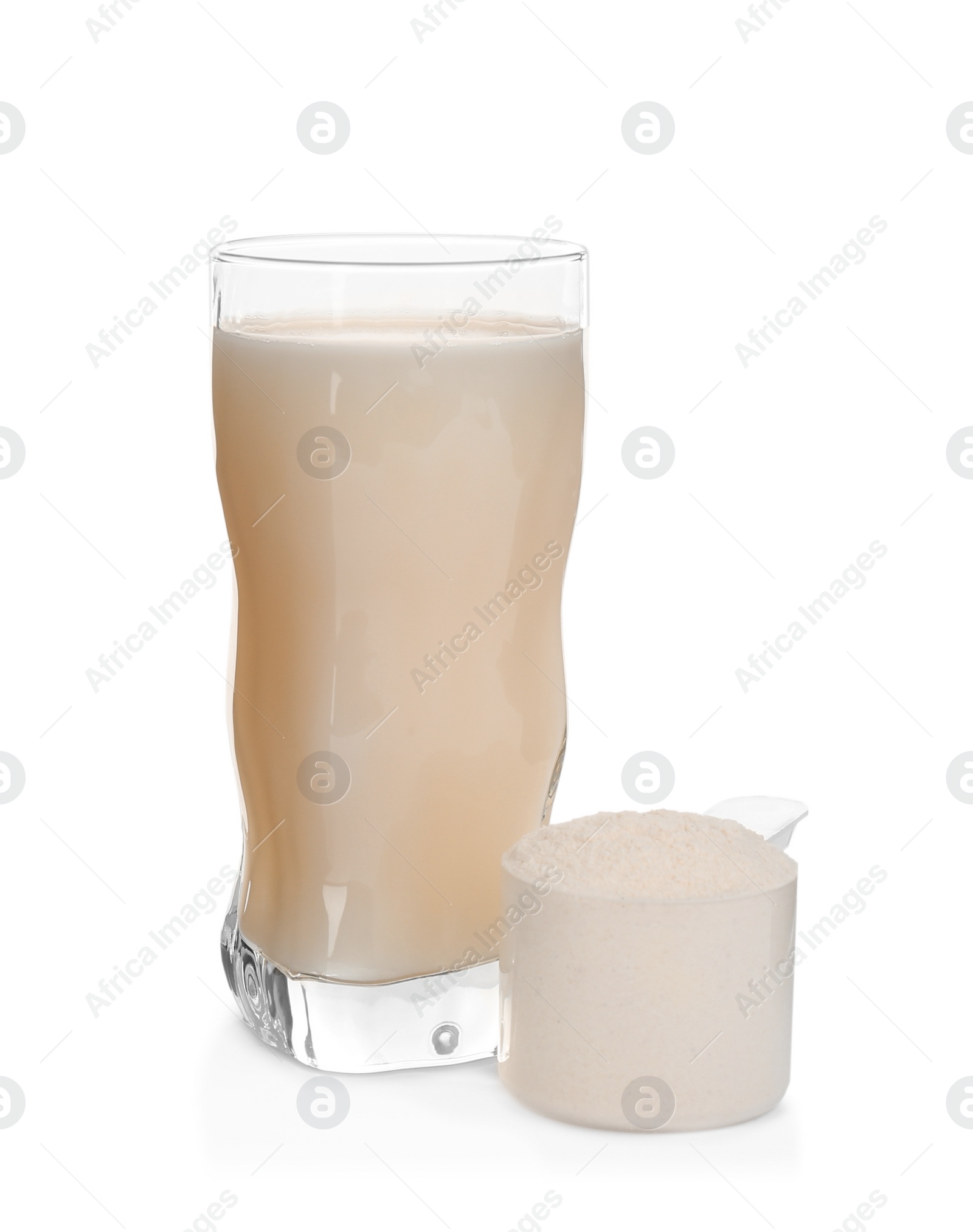 Photo of Protein shake and powder isolated on white