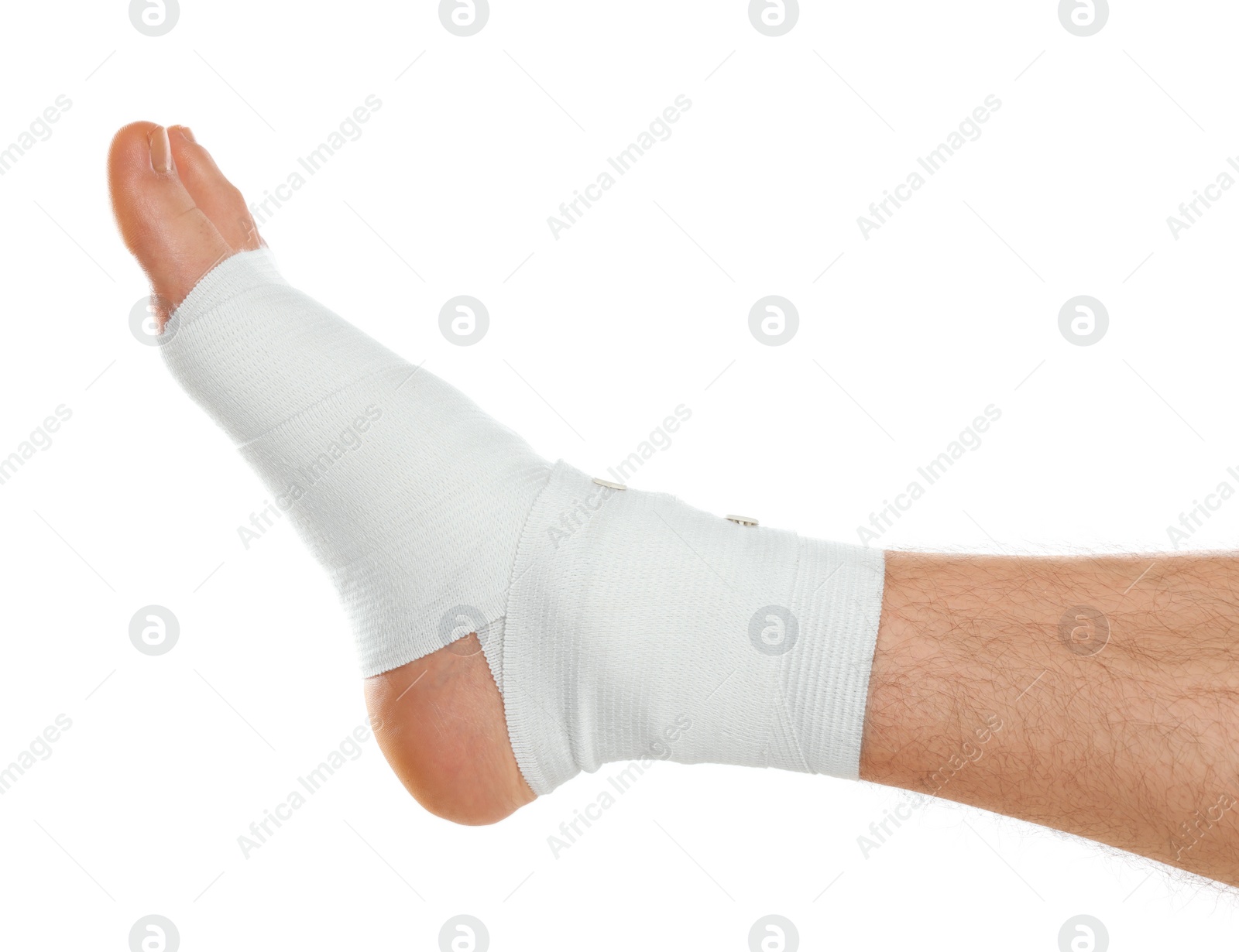 Photo of Man with foot wrapped in medical bandage on white background, closeup