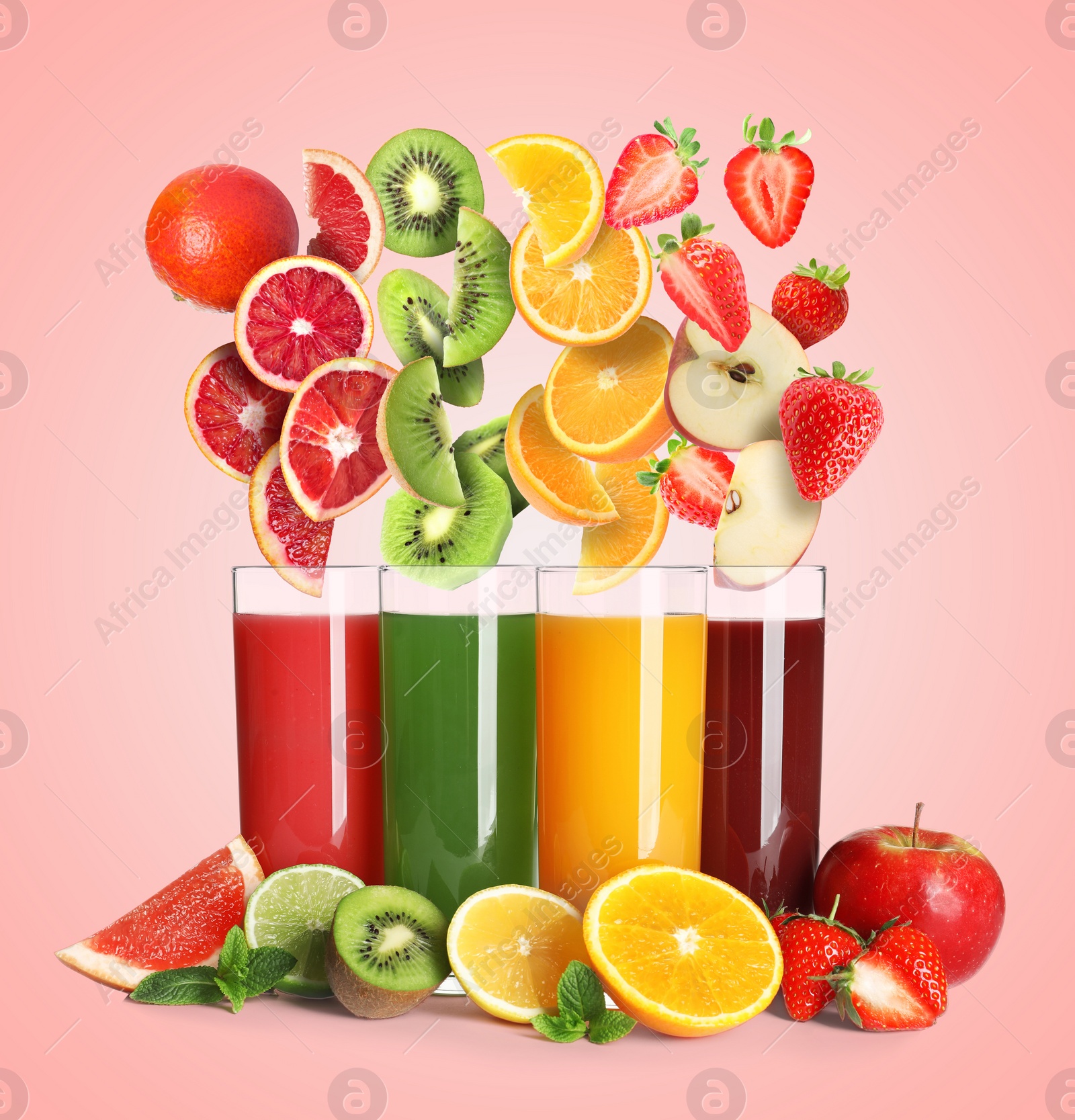 Image of Different types of juices and fresh fruits on pink background