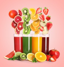 Image of Different types of juices and fresh fruits on pink background