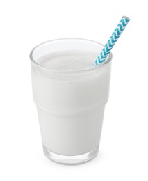 Glass of fresh milk with straw isolated on white