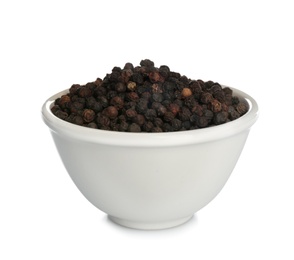 Ceramic bowl with black pepper grains on white background