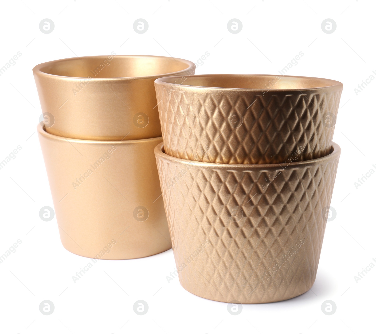 Photo of Golden empty ceramic flower pots on white background