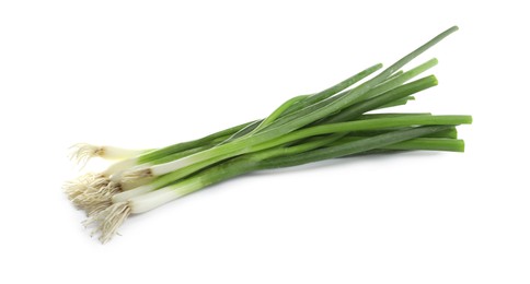 Photo of Fresh green spring onions on white background