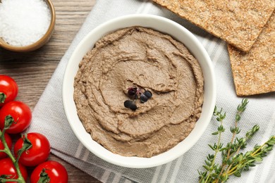 Photo of Flat lay composition with tasty liver pate on wooden table