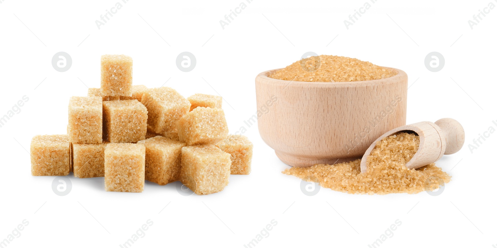 Image of Brown sugar cubes and granulated isolated on white