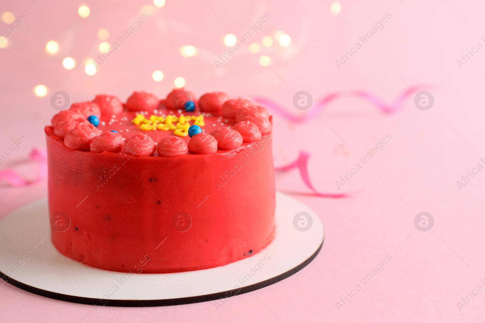 Photo of Cute bento cake with tasty cream on pink background, space for text