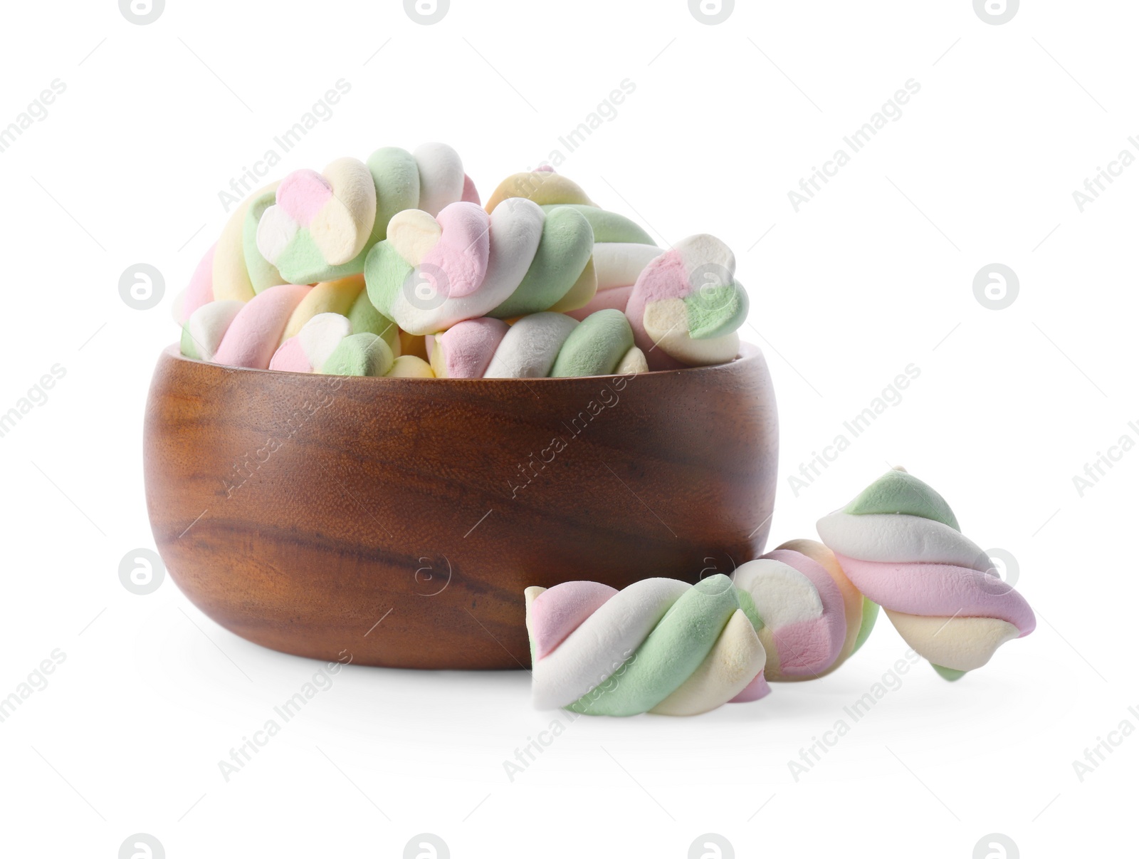 Photo of Wooden bowl with delicious colorful marshmallows on white background