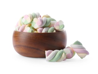 Wooden bowl with delicious colorful marshmallows on white background