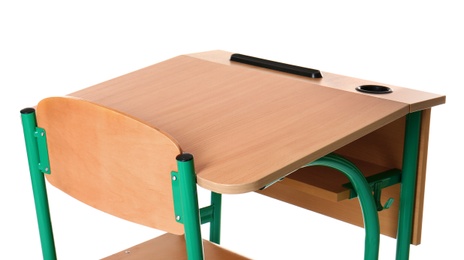 Empty school wooden desk for classroom on white background