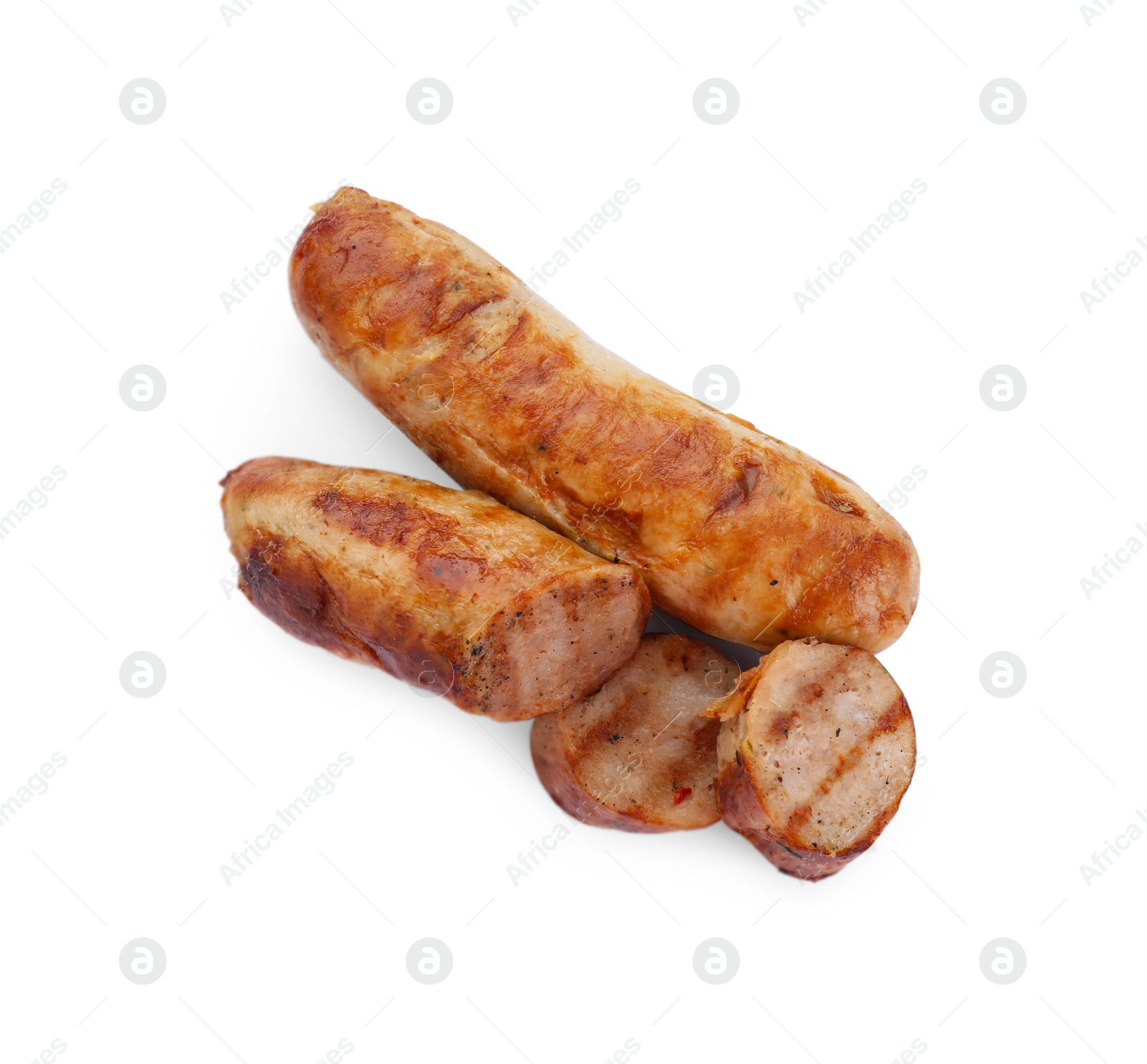 Photo of Tasty fresh grilled sausages isolated on white, top view