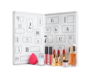 Photo of Christmas advent calendar with different cosmetics and perfume isolated on white