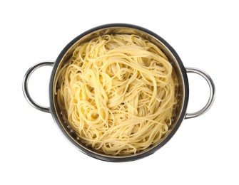 Photo of Cooked spaghetti in metal colander isolated on white, top view