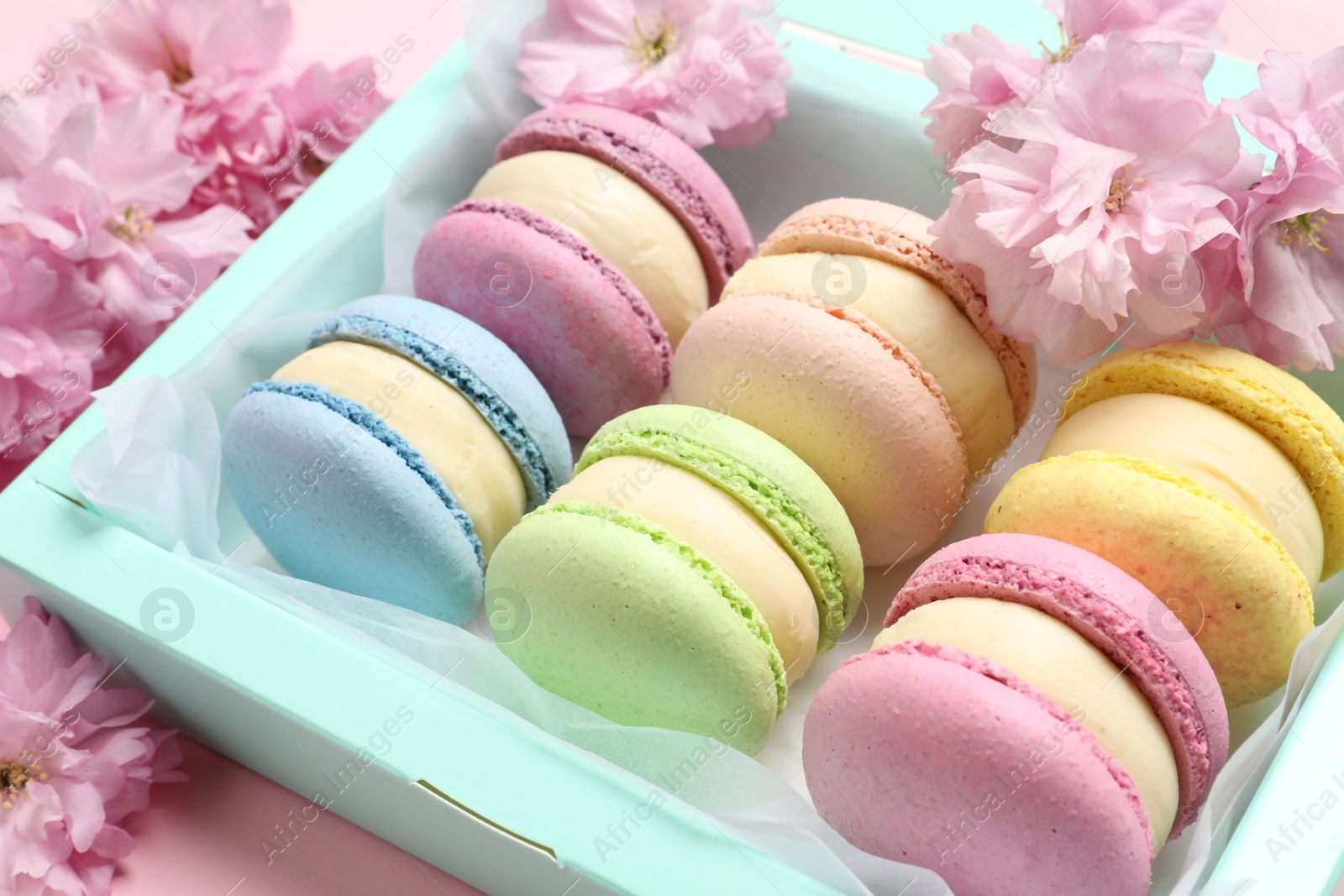 Photo of Many delicious colorful macarons in box and flowers on pink background, closeup