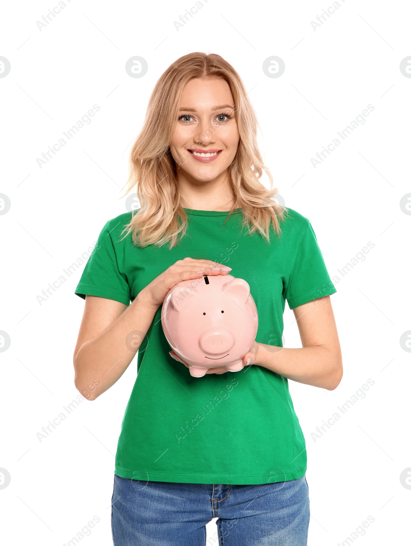 Photo of Beautiful young woman with piggy bank on white background