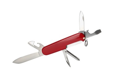 Photo of Compact portable red multitool isolated on white