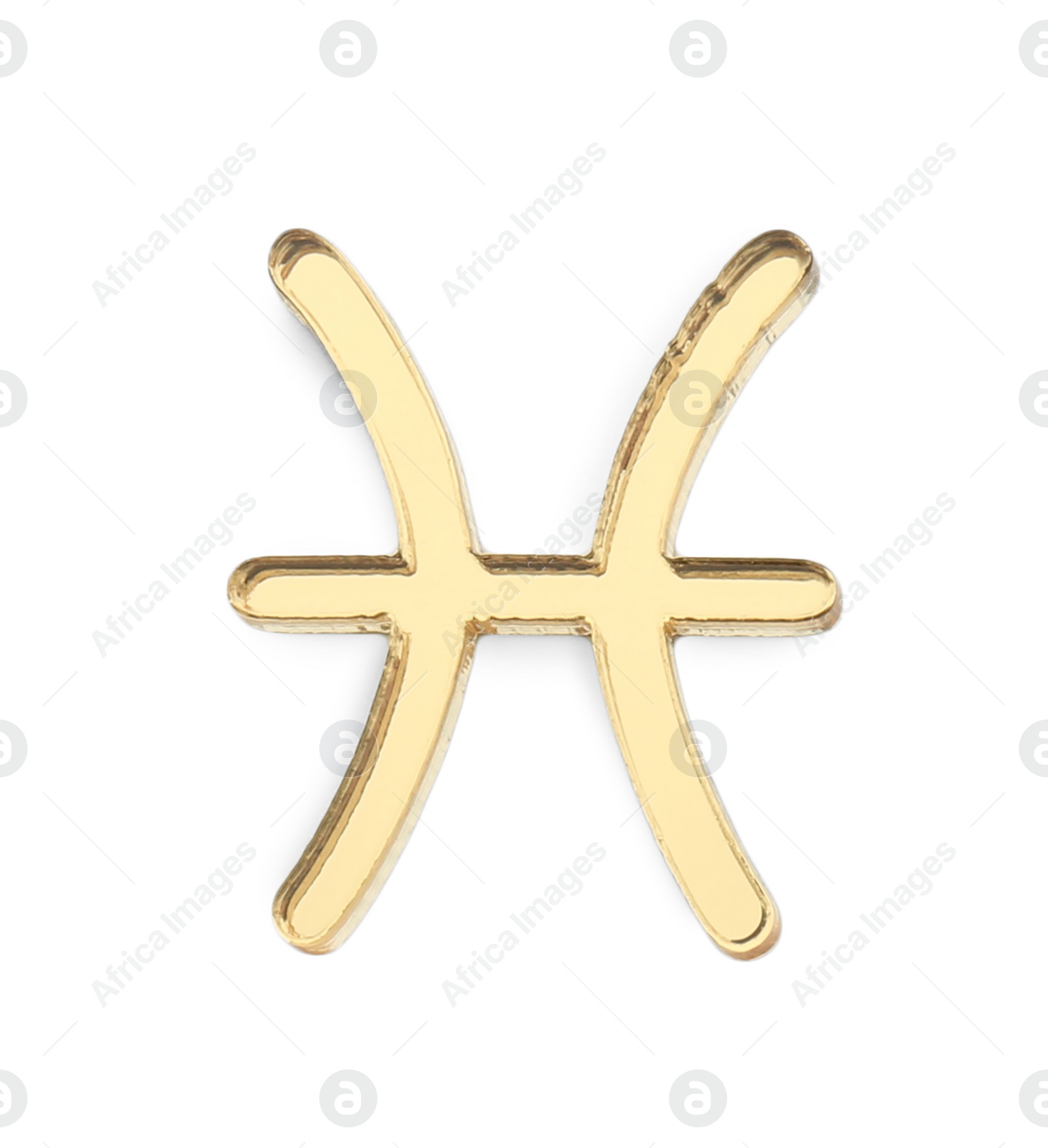 Photo of Zodiac sign. Golden Pisces symbol isolated on white, top view