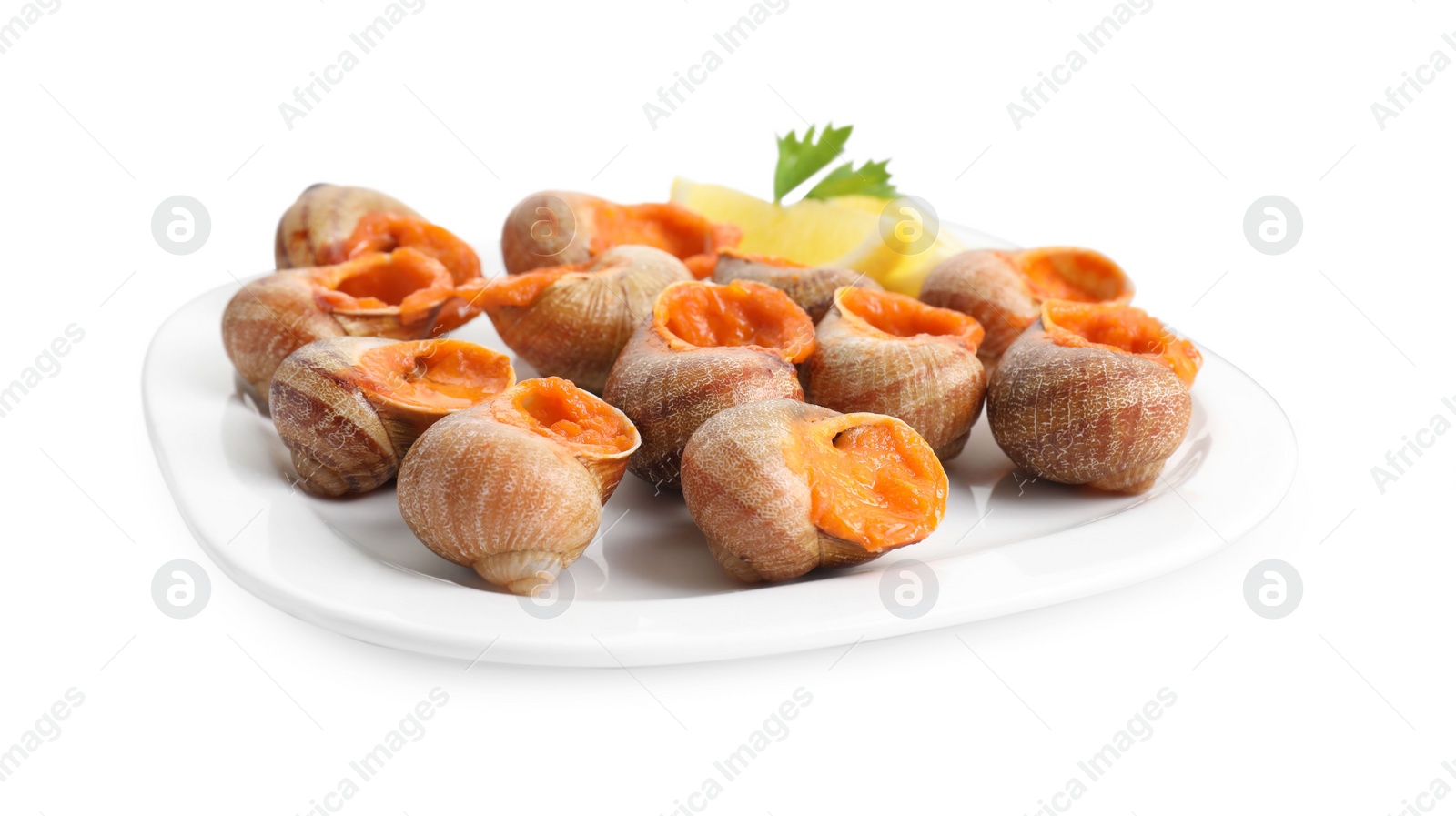 Photo of Delicious cooked snails with lemon and parsley isolated on white