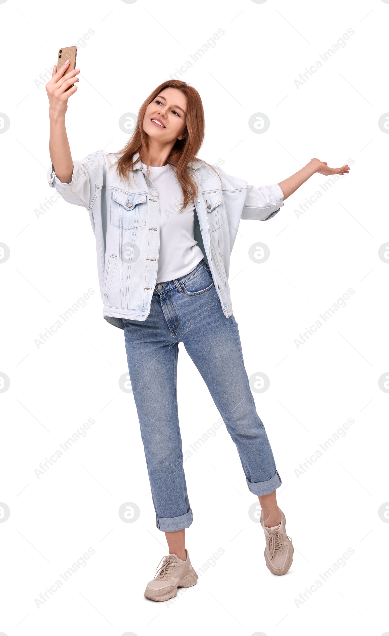 Photo of Beautiful woman taking selfie on white background