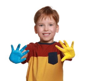 Photo of Little boy with hands painted in Ukrainian flag colors on white background. Love Ukraine concept