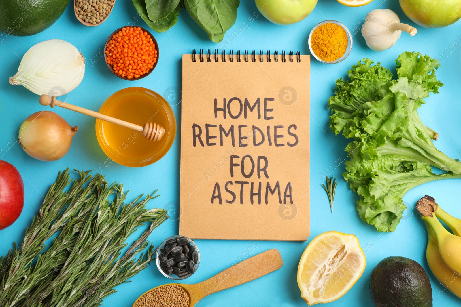 Photo of Natural products and notebook with text HOME REMEDIES FOR ASTHMA on color background, flat lay