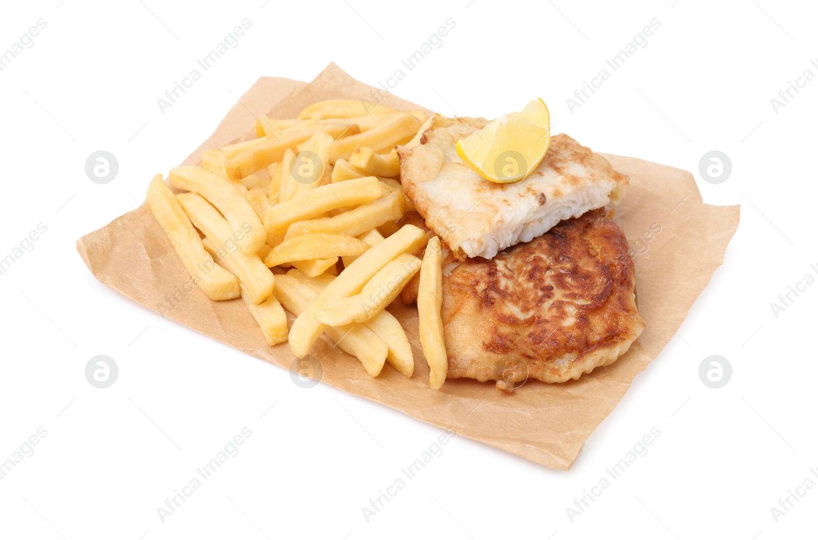 Photo of Tasty fish in soda water batter, potato chips and lemon slice isolated on white