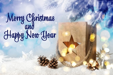Image of Merry Christmas and Happy New Year. Composition with wooden lantern on snow