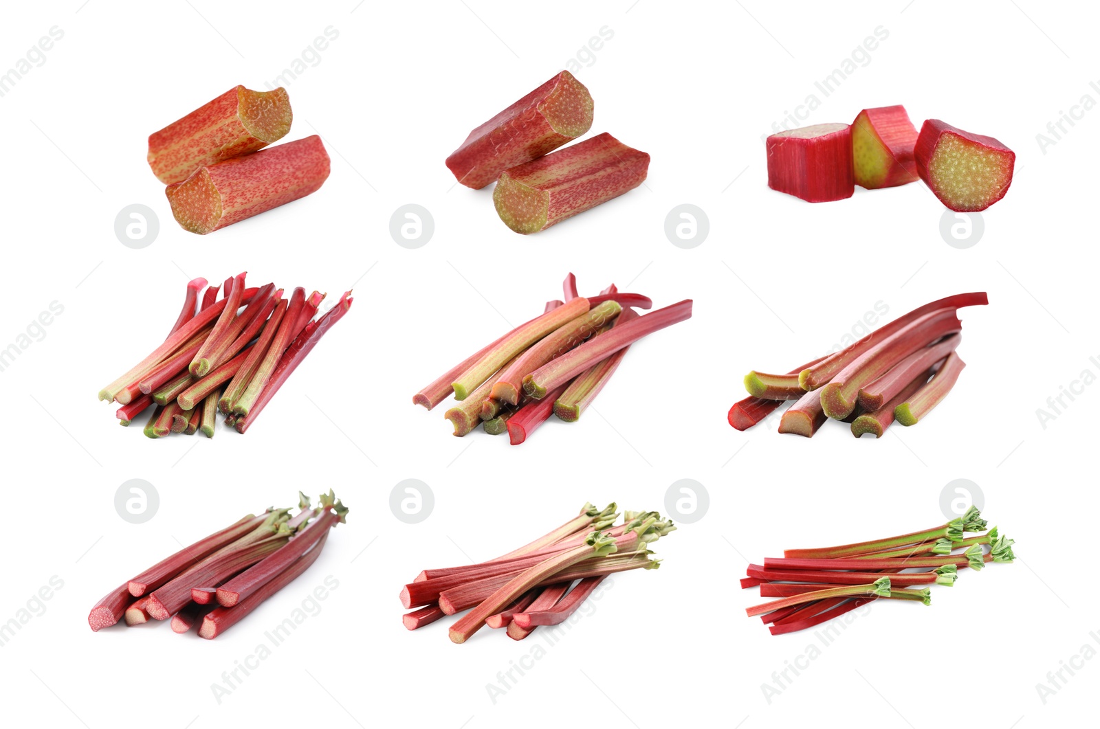 Image of Set with fresh rhubarb stalks isolated on white