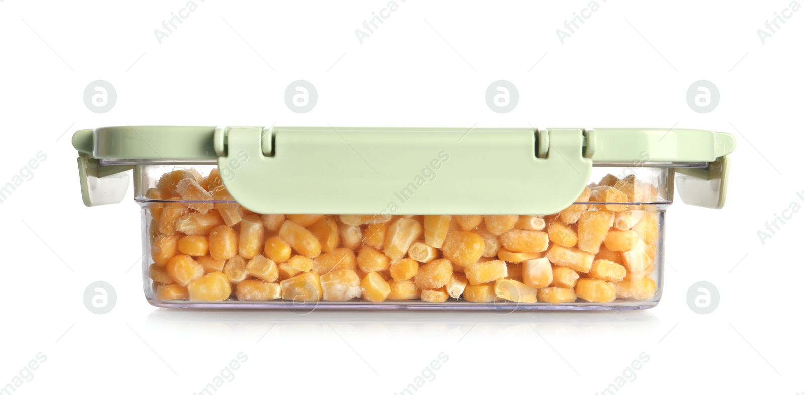Photo of Box with corn kernels on white background