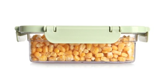 Photo of Box with corn kernels on white background