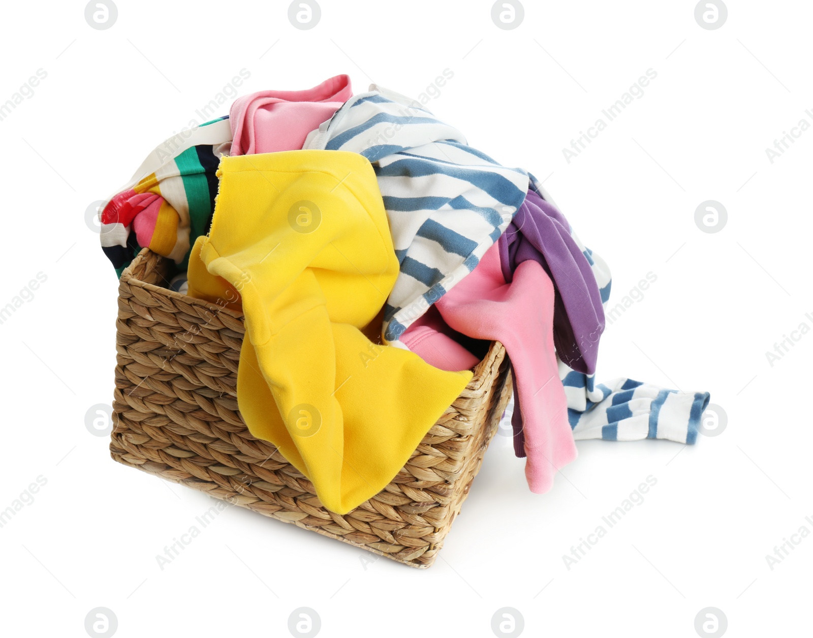 Photo of Wicker laundry basket with different clothes isolated on white