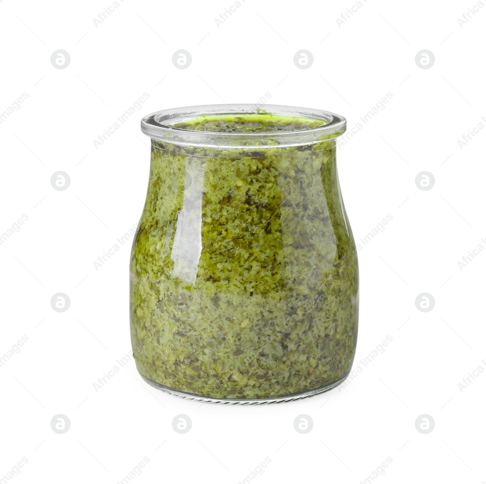 Photo of Tasty pesto sauce in glass jar isolated on white