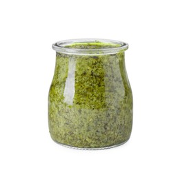 Photo of Tasty pesto sauce in glass jar isolated on white