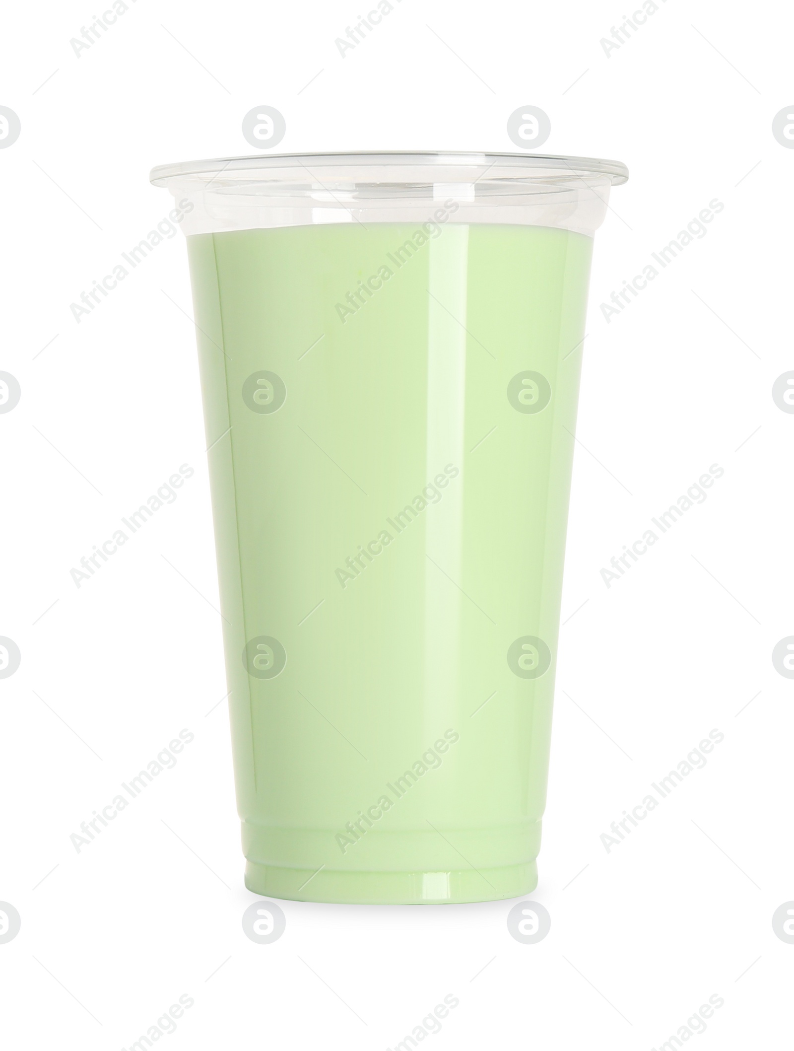 Photo of Delicious smoothie in plastic cup isolated on white