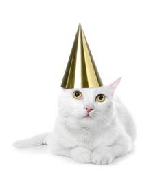 Image of Cute cat with party hat on white background